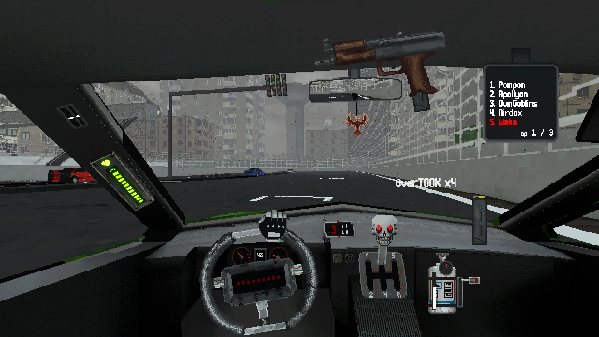 Cockpit view on a grey city highway between apartment blocks: an SMG mounted above the windscreen, a skull gear knob and a NO2 canister, with "OverTOOK x4" flashing.