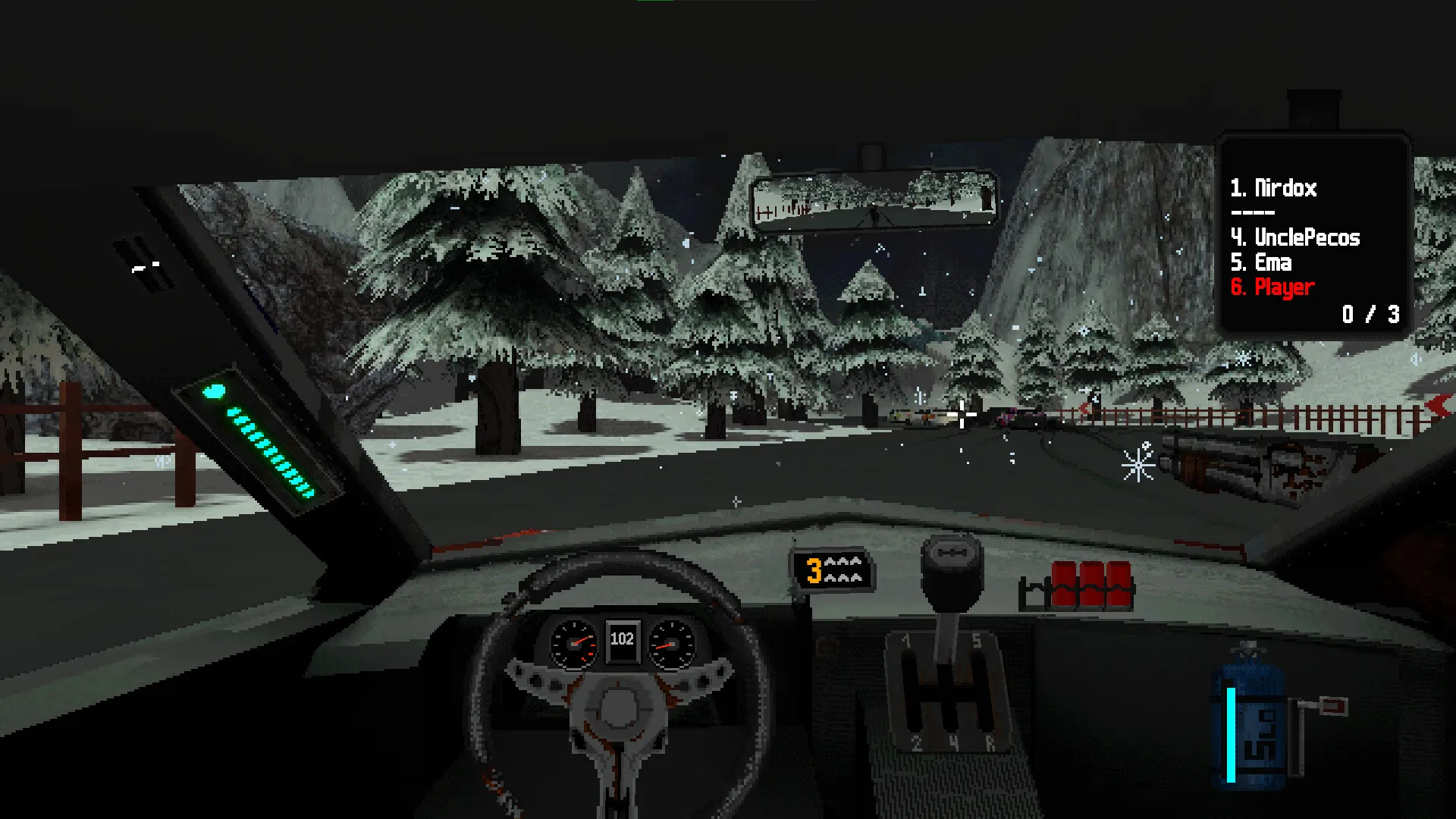 A snowy mountain road between pines and wooden fences, seen from the cockpit, a blue NO2 canister by the shifter.