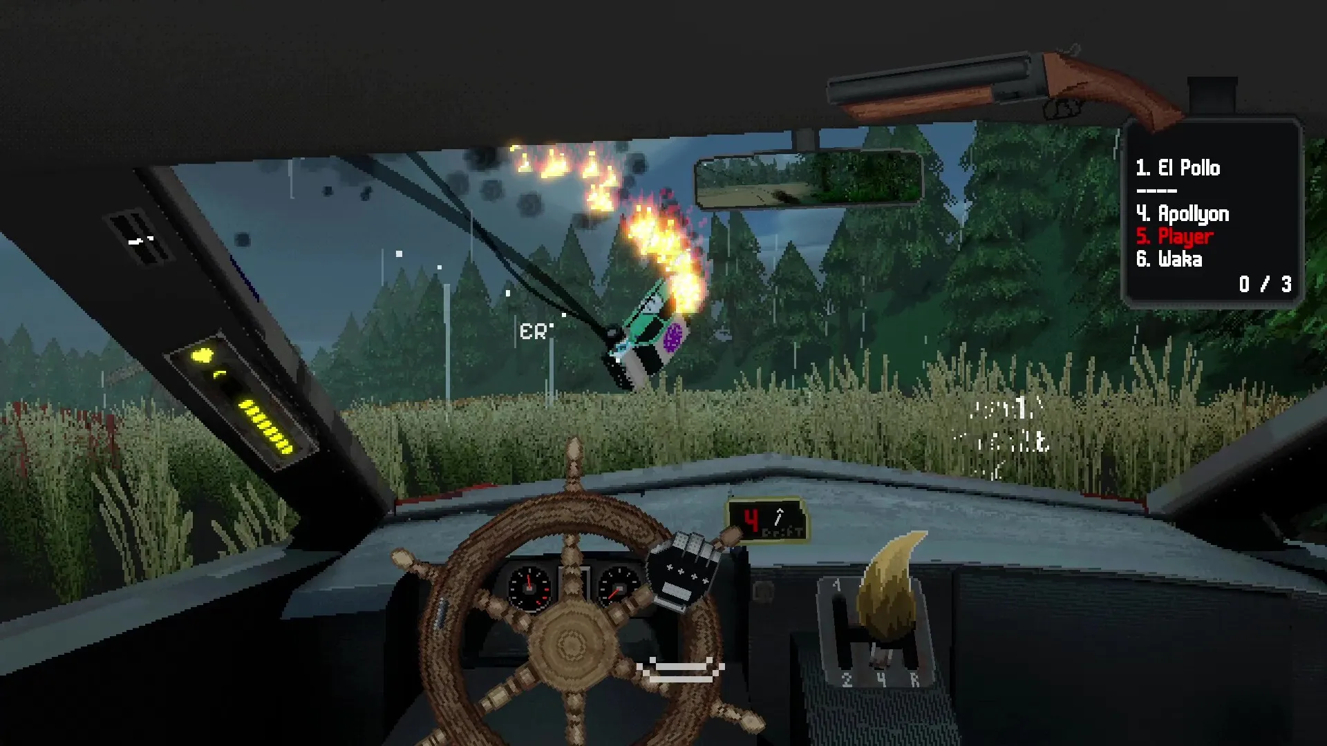 Cockpit with a ship's-wheel steering wheel and a sawed-off shotgun overhead, a rival car bursting into flames ahead by a wheat field.