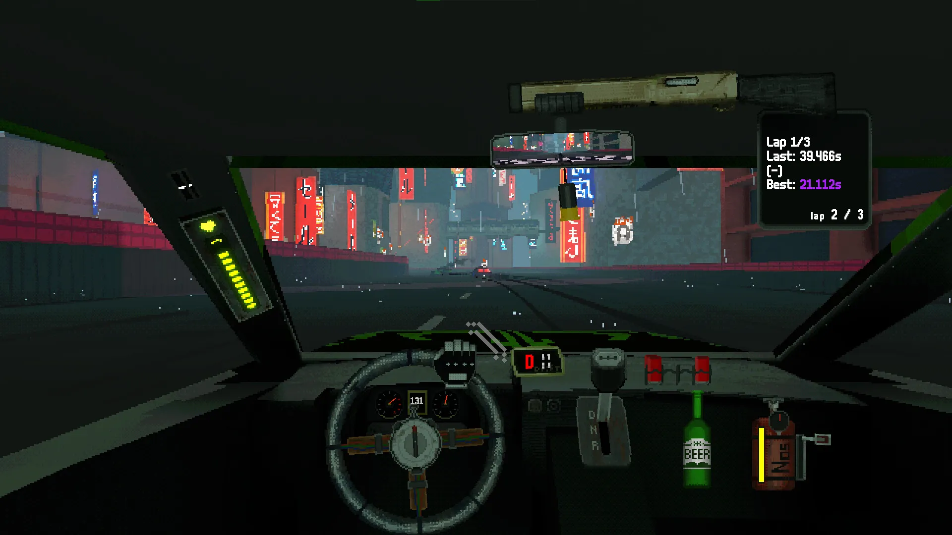 Tokyo at night from the cockpit: neon signs over the street, a shotgun overhead, a bottle and a NO2 canister on the dash, lap times on the leaderboard.
