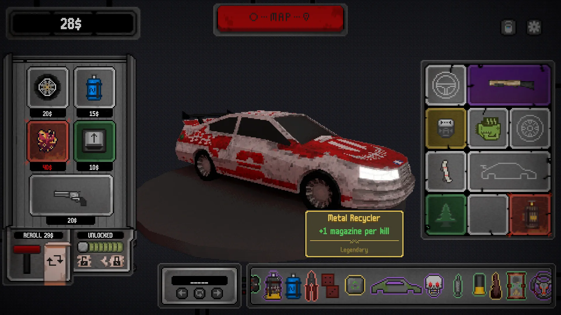 The shop: shelves of parts with prices, a white and red car on its turntable, the equipment slots, and the Metal Recycler card showing "+1 magazine per kill".