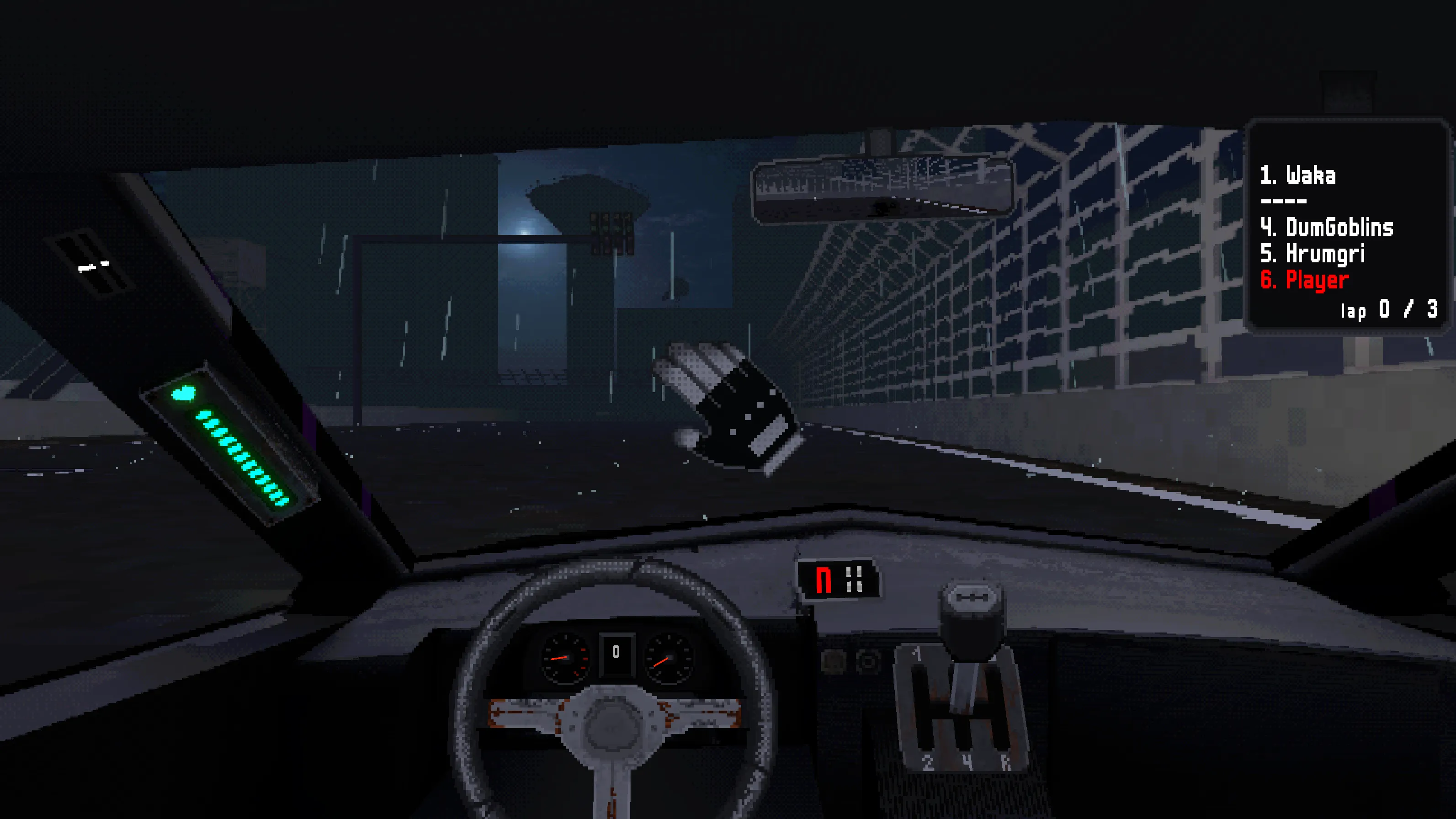 Race Track at night in the rain: the gloved hand over the dashboard, floodlit fences and the leaderboard top right.